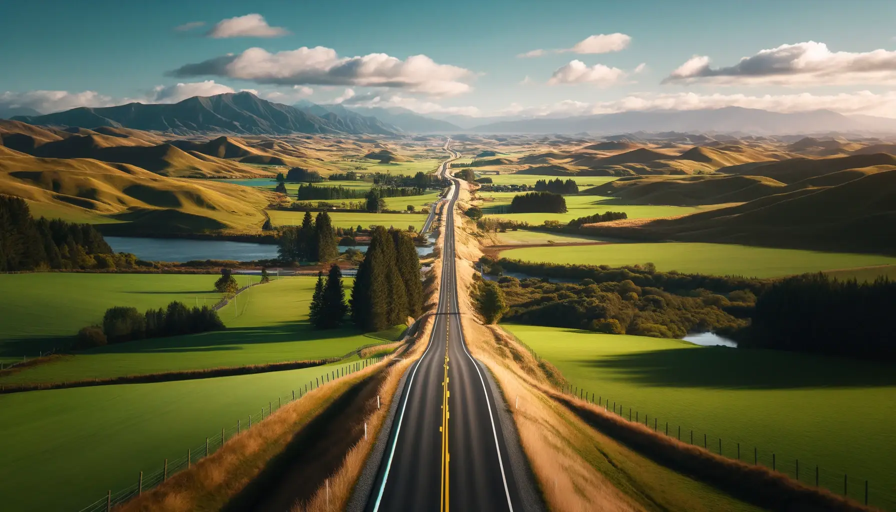Cross country movers' route through New Zealand's scenic countryside featuring a long, straight road and lush green landscapes.