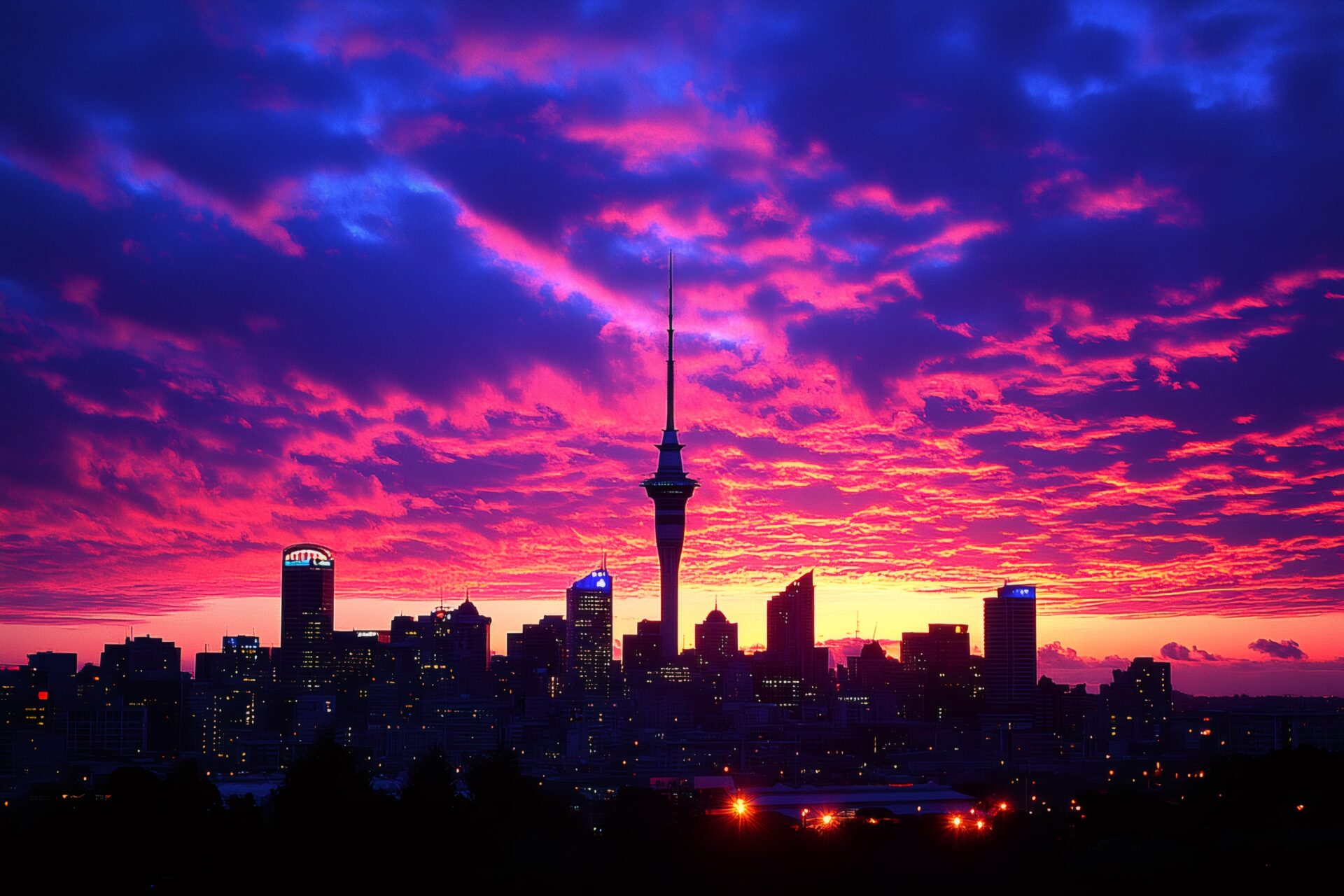 Auckland CBD skyline at sunset featuring Sky Tower - office moving service are