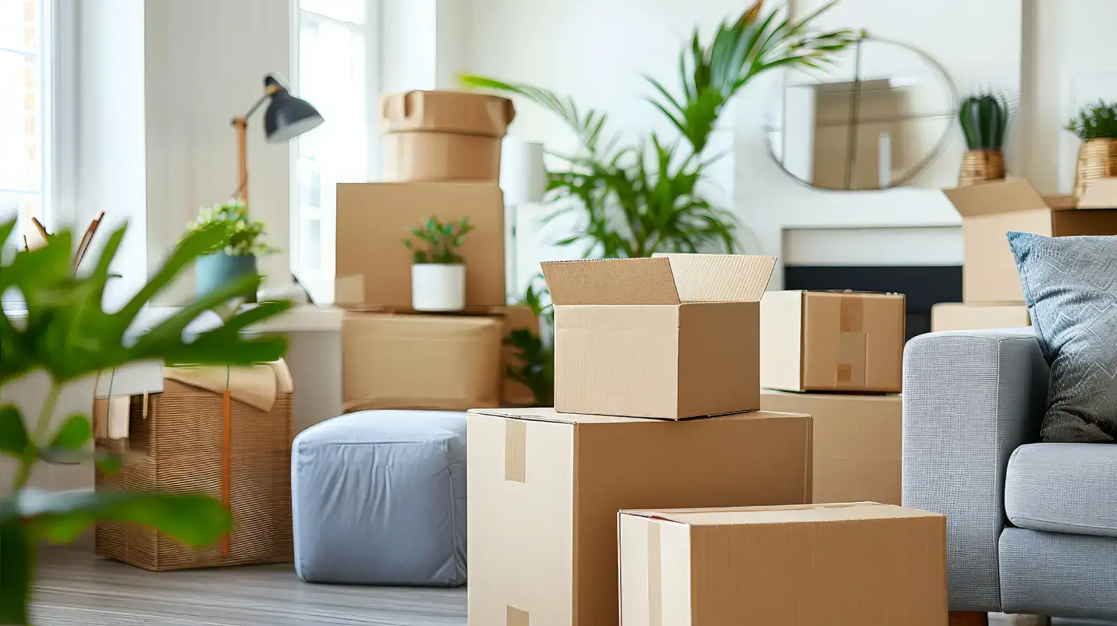 A living room filled with cardboard boxes and plants, capturing the process of moving or relocating to a new home.