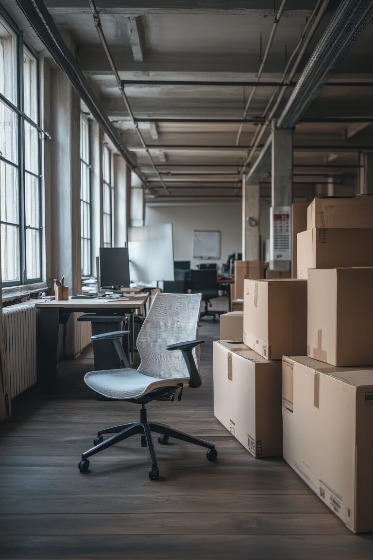 Packed office furniture and moving boxes ready for Auckland commercial relocation